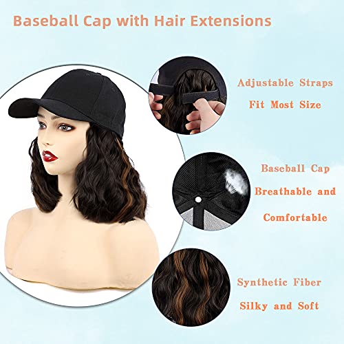 Peruca de tampa de beisebol de onda curta Chrshn com extensão de cabelo encaracolado Chapéu de peruca de onda sintética para mulheres WIG de chapéu de beisebol preto marrom ajustável