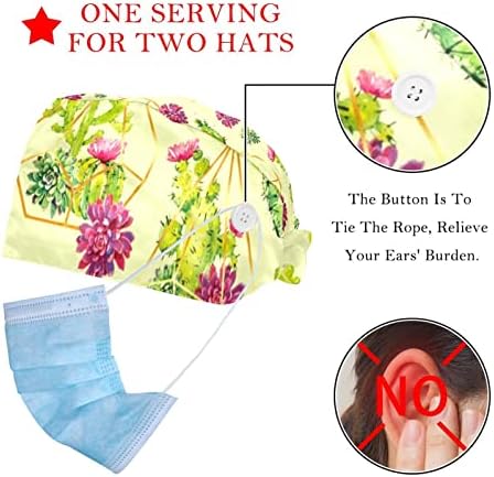 2 pacotes de tampa de trabalho com botão e banda de suor para mulheres longas cabelos ajustáveis ​​Cacto de chapéu de amarração com floral