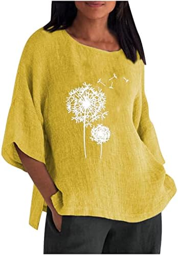 Blusa de linho do pescoço amarelo do amikadom para meninas adolescentes outono verão 3/4 de sino de manga impressão relaxada fit casual blusa lison women uc xxl