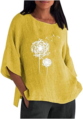 Blusa de linho do pescoço amarelo do amikadom para meninas adolescentes outono verão 3/4 de sino de manga impressão relaxada fit casual