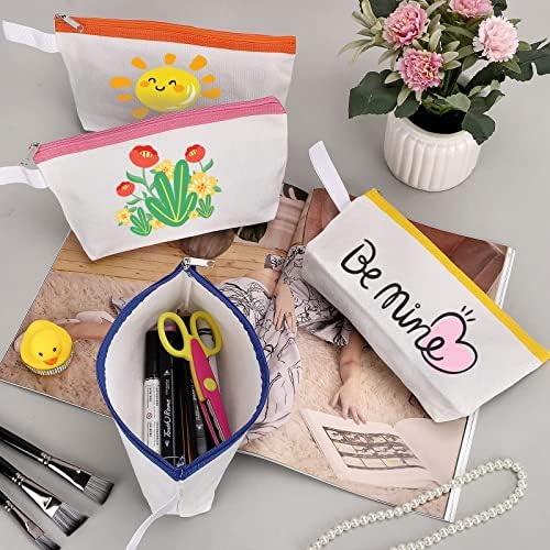 Saco de maquiagem de lona de algodão sinzip 10 peças com fundo e alça, bolsa cosmética multiuso com zíper bolsa de higiene pessoal, bolsa de artesanato em branco