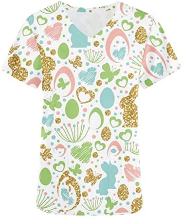Camisas do dia da Páscoa para mulheres Scrubs_tops Rabit fofo Impresso de manga curta V camiseta de pescoço com bolsos