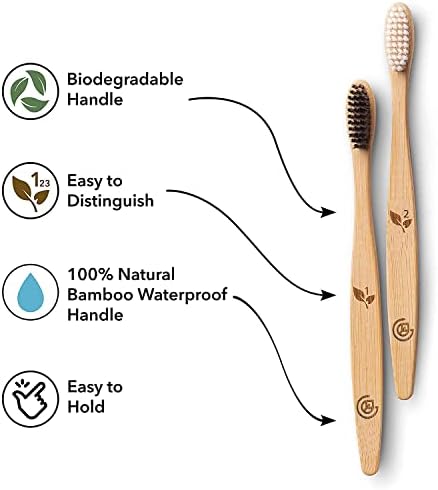 Escovas de dentes de bambu Greenzla | Escovas de dentes de cerdas macias e sem cerdas de BPA | Conjunto de escova de dentes de bambu e ecologicamente correto | Escovas de dentes de madeira biodegradáveis ​​e compostáveis