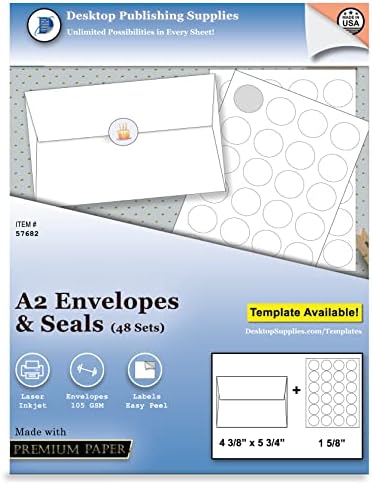 Envelopes A2 grossos e rótulos redondos personalizáveis ​​para self SEAL - 48 conjuntos - Perfeito para corresponder cartões e anúncios de correspondência
