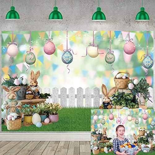 Fotografia de Páscoa Bunny Bunny Colorful Eggs Bandeira Flor da primavera Fence Grass Jardim Crianças Crianças recém -nascidas festas de aniversário de decoração de decoração