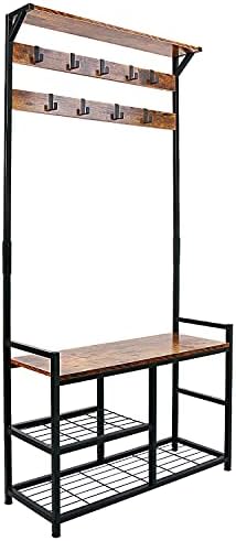 Banco de sapato de rack de casaco homekoko, bancada de armazenamento de entrada da árvore do salão, mobiliário de sotaque com look de madeira com moldura de metal, design 3 em 1