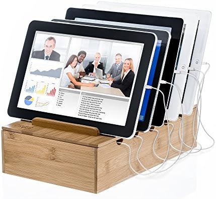 Prosumer's Choice Universal 5 tablets e smartphone Organizador de carregamento Rack/desktop Pacote de suporte de suporte com rack de estação de carregamento de bambu natural para smartphones e tablets perfeitos para trabalhar em casa
