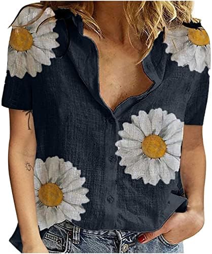 Camiseta de blusa comgeewa para meninas adolescentes outono no verão de manga curta botão gráfico de flores para cima camisa casual vai ir ir
