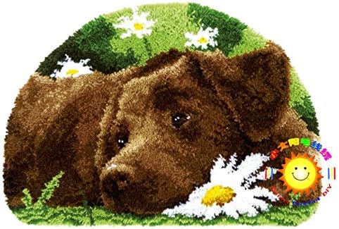 Filhote de cachorro preto de tapete de tapete diy e pequenos kits de gancho de trava de flores com decoração de lona estampada