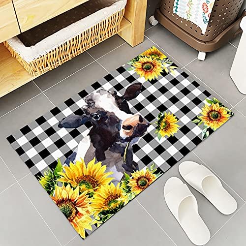 Decoração de beleza de 2 peças tapetes de cozinha de cozinha de cozinha de cozinha vaca e girassol em preto e branco Buffalo xadrez não deslizante de piso grosso conjunto de tapete com corredor