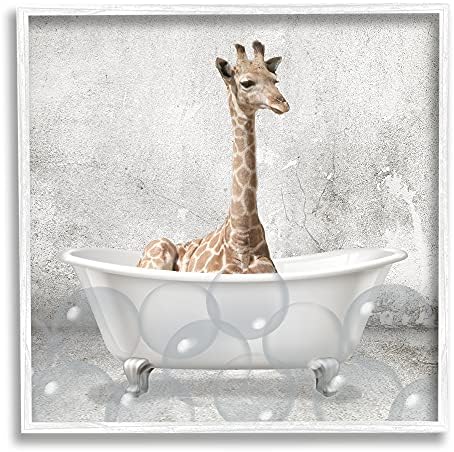 Stuell Industries Baby Giraffe Bath Time Animal fofo, Design de Kimberly Allen Black emoldurado, 17 x 30, Gray, AA-345_FR_17X17