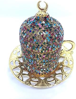 Multi Colortwo Pieces Conjunto de xícara de café Swarovski - Copa de café com revestimento de cristal - xícaras de café expresso de café árabe grego otomano - xícaras de coloração dourada e pires