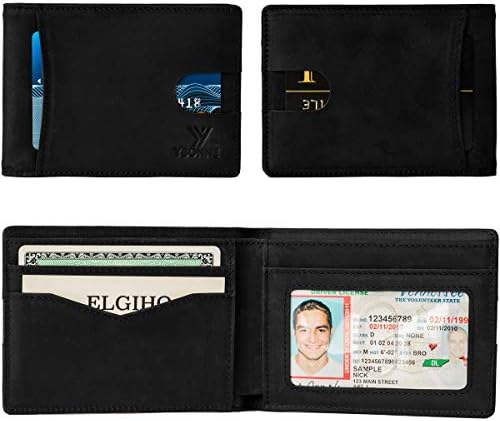 Ybonne funcional compacto RFID bloqueando carteira bifold para homens, feitos de melhor couro genuíno