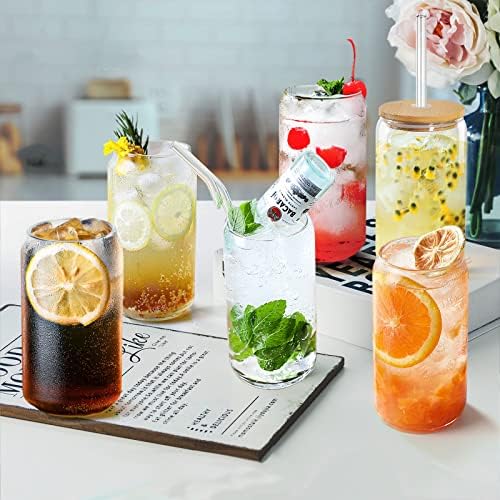 As xícaras de vidro em forma de Ylxiaof podem com palha de vidro e tampas de bambu 8pcs, 16 onças de bebida fofas, adequadas