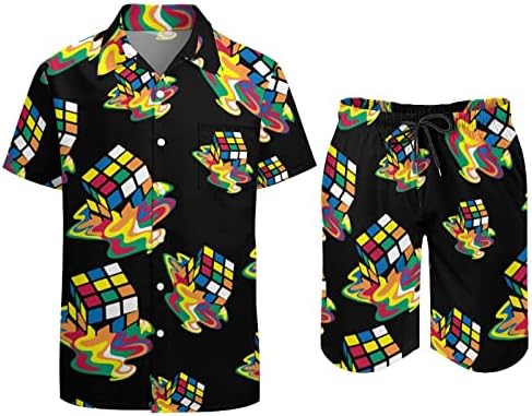 Multendo Cube Hawaiian Button-Down Camisetas e calças de manga curta Roupa de praia de verão