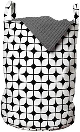 Bolsa de lavanderia abstrata de Ambesonne, quadrados redondos continuando em elementos de grade gráfica de estilo monocromático,
