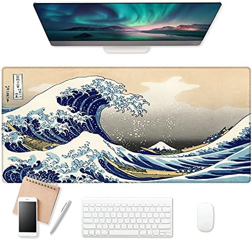 Ekuabot Kanagawa Wave Large Mouse Pad, base de borracha sem deslizamento e bordas de travamento reforçado, xxl estendido mousepad