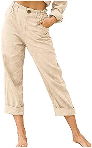 Calças Capri Casual de verão para mulheres linho de cintura elástica sólida com cintura com bolsos cortados de algodão solto de algodão