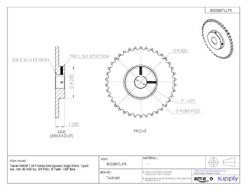 Tsubaki 60b38f-1j acabou com rodas dentadas, fita única, polegada, 60 ANSI No., pitch de 3/4 , 38 dentes, 1-5/8 furo