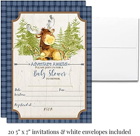 Aventura aguarda fofa moose garoto de chá de bebê pacote inclui 20 cada um dos convites com envelopes + 4 tamanhos diferentes de adesivos decorativos, bilhetes de fraldas e trazer cartões de livro