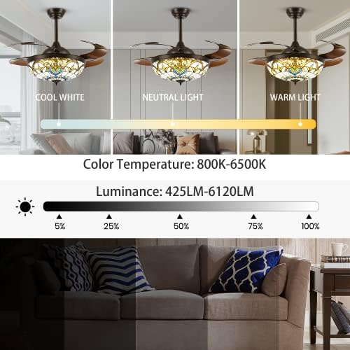 Apbeamlighting 42 Tiffany teto ventilador de vidro de vidro Fan do teto de lustre retrátil com controle remoto leve diminuído com 4