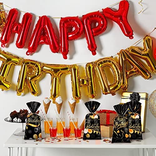 HOTOP 150 PCs Black and Gold Bags Feliz Aniversário Celophane Presente Tream Goodie Candy com laços para 90 80th 70th 60th 50th 40th 30th Party Decor, 27,5 x 12,5 cm
