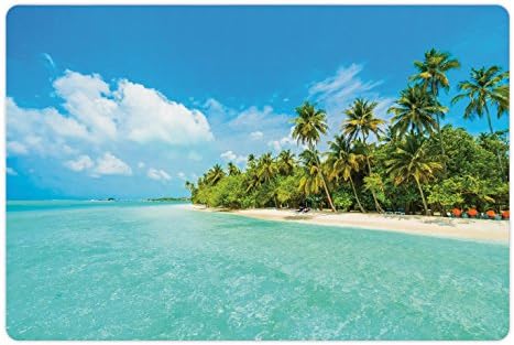 Tapa de estimação do oceano lunarável para comida e água, foto da ilha tropical com férias exóticas de praia de praia e palmeira, retângulo de borracha retângulo para cães e gatos, branco verde turquesa