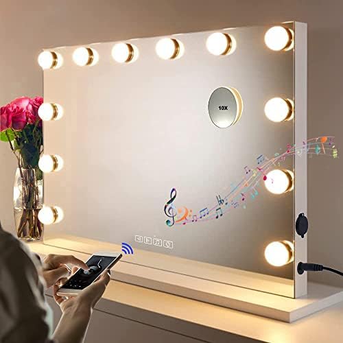 Espelho de maquiagem de hompen com luzes e alto -falante espelho de vaidade de hollywood, tela de toque, 3 modos coloridos espelho