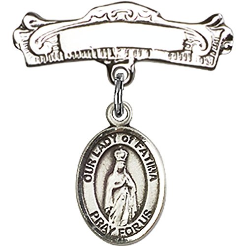 Distintivo de bebê de prata esterlina com o charme de Nossa Senhora de Fátima e pino de crachá polido em arco 7/8 x
