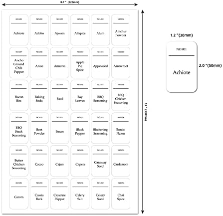 6 folhas de cozinha especiarias pré -impressas + adesivos graváveis ​​texto preto em etiquetas brancas impermeabilizada para tempero