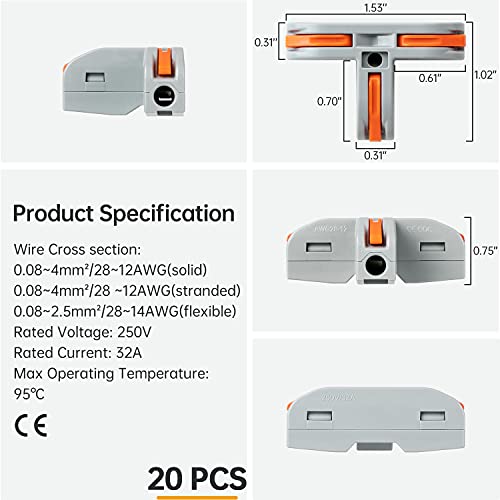 Gkeemars 20 PCS Conectores em forma de T para fiação, Quick Terminal Block 112 Conectores de fio da alavanca