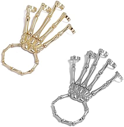 Bling colorido 2pcs Halloween Skull Skeletton Bracelet Hand com anel de caveira artesanal Dedos de Metal Hand Pulset Jóias