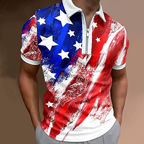 HDDK 4 de julho Mens Casual Camisas Polo, Camisão de Golfe de Zíper de Manga Curta de Verão Tops American Flag Patriótico Camisa