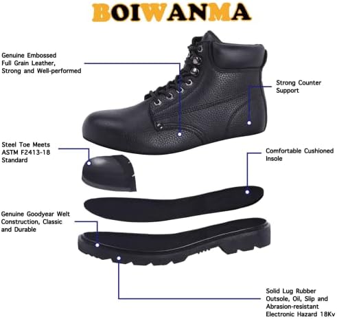 Botas de segurança de Boiwanma para homens, botas de trabalho de dedo do dedo de aço, botas industriais de construção de 6 de couro, botas de trabalho eletricista sem deslizamento de borracha, US 7-16