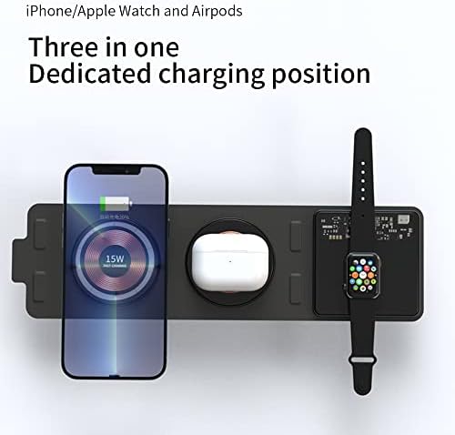 Yalander 3 em 1 estação de carregamento rápido para telefones Apple e Android, itens essenciais de viagem e acessórios para mesa para vários dispositivos, MagSafe Wireless Charger Pad para iPhone 14/13/12, Iwatch & AirPods