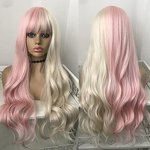Wiwige Pink Blonde peruca longa peruca ondulada e ondulada com fanks sintéticos Cosplay Hair Wig