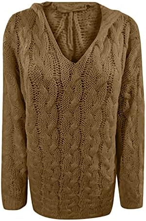 Suéter com capuz para feminino, moda Solid Slove Longa Longa Sexia Pullover em V Tops de inverno
