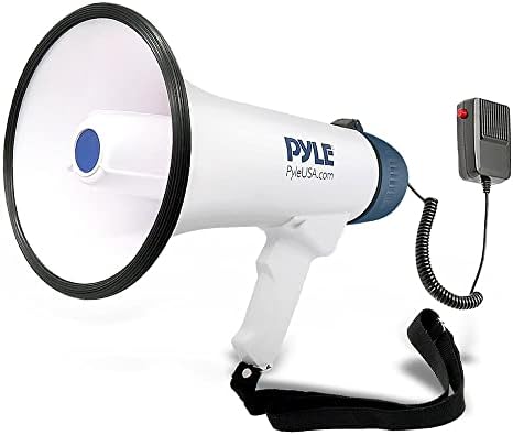 Pyle compact portátil PA megafone -falante - 50W Bullhorn com lanterna LED, sirene de alarme, volume ajustável, microfone destacável, bateria alimentada para uso interno e externo, branco