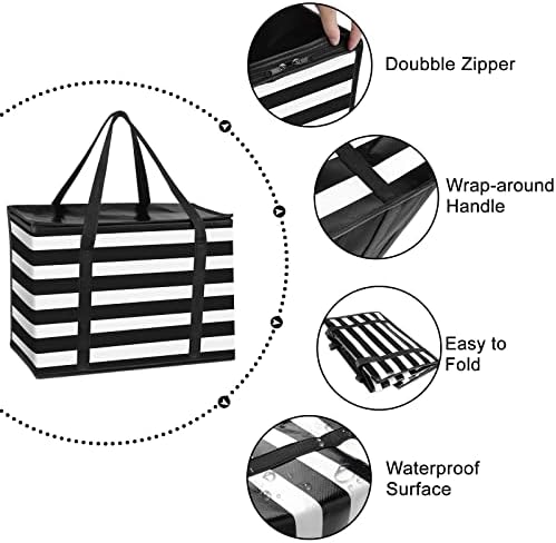 Ninffable 3 bolsas de supermercado reutilizáveis ​​com listras de listras, grande e fria viagem de entrega de alimentos, sacos