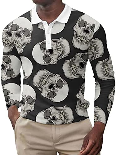 Xxbr halloween camisas de pólo para homens, engraçado gráfico de manga comprida Skeletton Pumpkin Henley Button Party