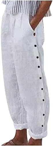 FEHLEGD Women Cotton e linho calças de linho Summer Casual Color Button Down Down Caist Elastic Loose Comfy Capri Pants com