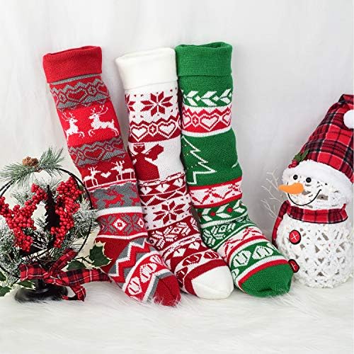 LvyDec 3 Pack Knit Christmas Stocking - 25 polegadas Branco extra e de lã Borgonha meia com rena e padrão de floco de neve para decoração da casa de férias