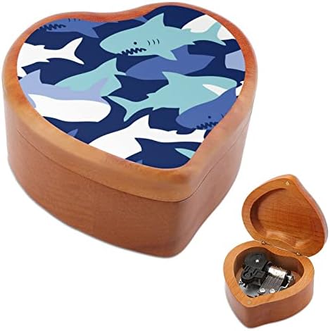 Padrão de camuflagem com tubarões fofos caixa de madeira caixa de música coragem de música