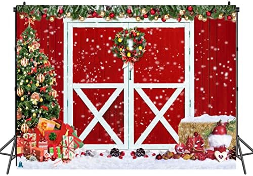 LTLYH 10x8ft Christmas Red Barn Door Decorações cenário de Natal Fundo de Natal para fotografia Xmas Tree Neve Presente de