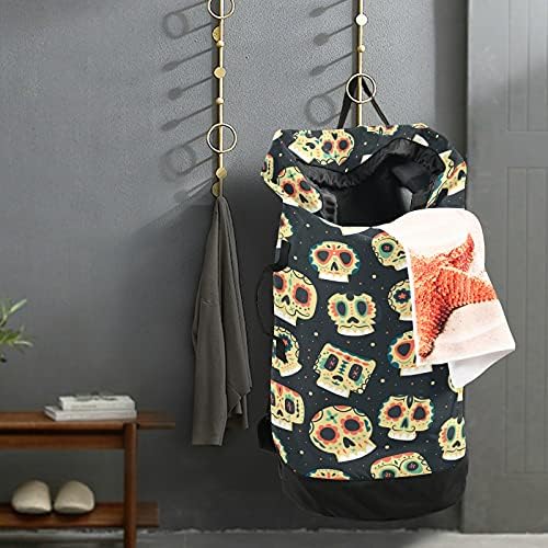 Cartoon Dead Skull Flower Halloween Saco de lavanderia pesada Mochila de lavanderia com alças de ombro Handles Saco de roupa de viagem