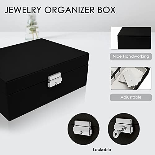 Organizador de jóias xmjxbox, 2 camadas de caixas de jóias pretas para mulheres meninas, estojo de armazenamento de jóias de couro