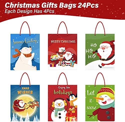Sacos de presente de Natal, 24pcs de Natal Kraft Bolas de presente, sacos de papel de Natal tamanho médio com alças,