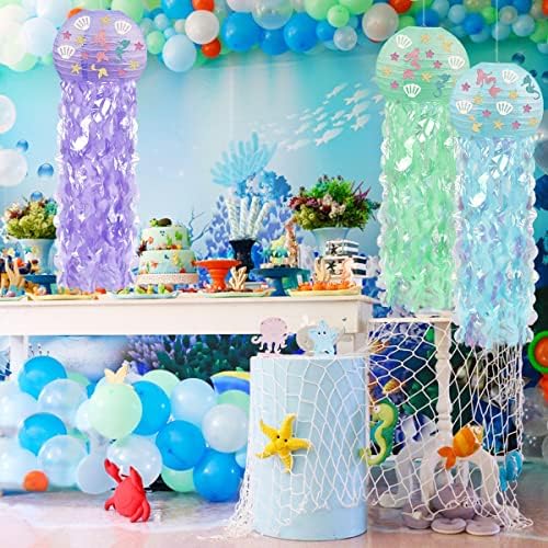 Songjum 3 PCs Mermaid Paper Lanterns Lanternas de papel de água com tendões brilhantes de papel para o oceano Festas de festas sob a festa de festas do mar Decorações
