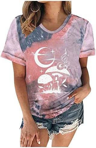 Camisetas gráficas nokmopo para mulheres casuais moda 2023 Vintage Fit Fit Tie Sun Moon Print Sleeve Camisa de manga curta