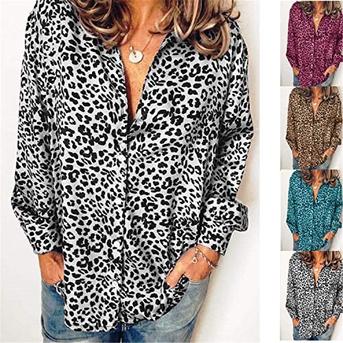 Andongnywell Blusa feminina Cheetah Imprima a camisa de leopardo de decote em V Longo Longo Tops Blusa T camisetas
